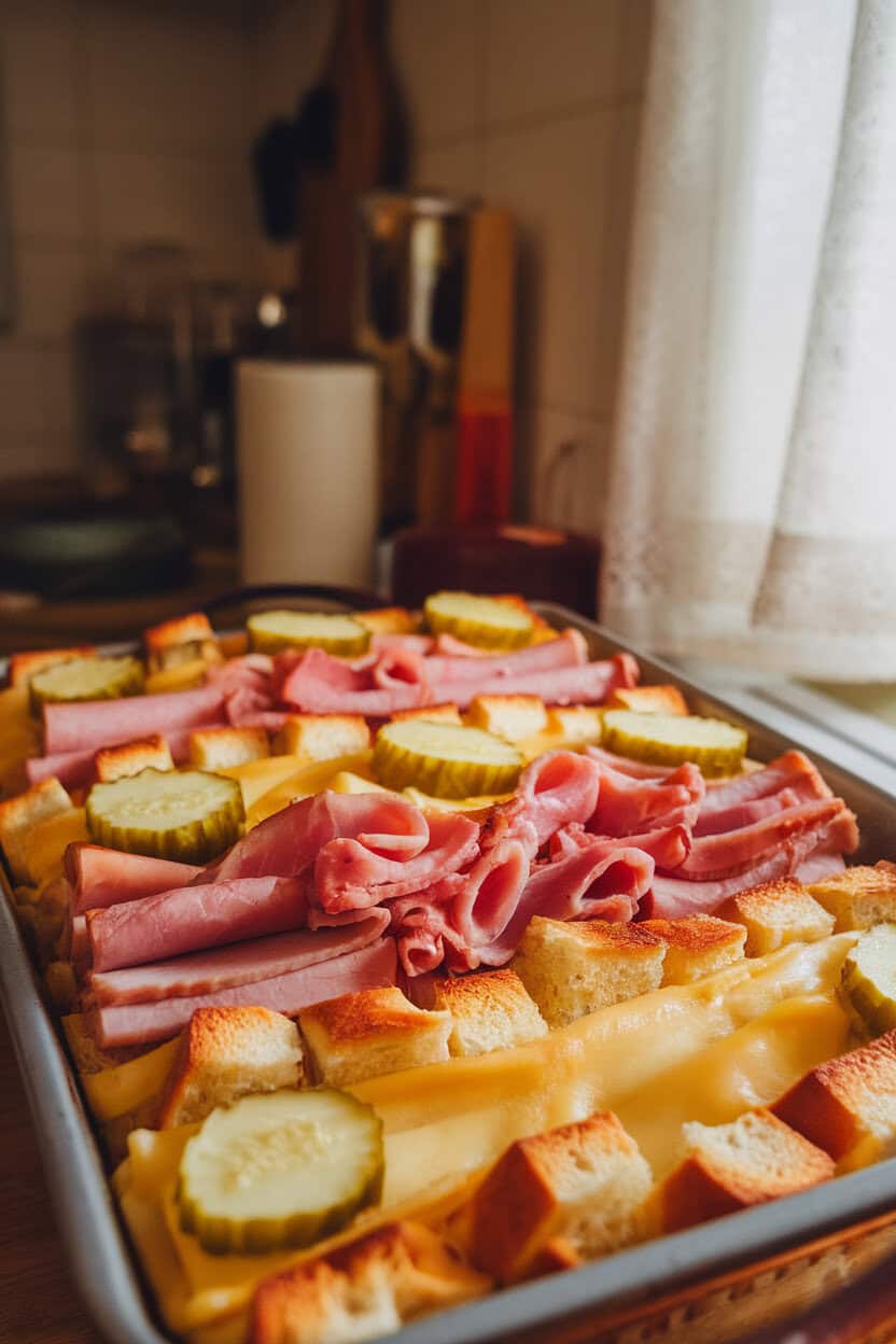 Warm indoor kitchen shot of a casserole featuring layers of ham, roast pork, Swiss cheese, and pickle slices between buttery bread cubes. Photo only, no text or logos.
