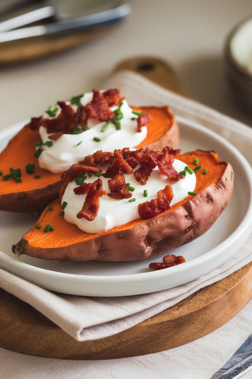 Indoor platter featuring roasted sweet potato slices topped with sour cream, crispy bacon bits, and chopped chives. No text or logos.