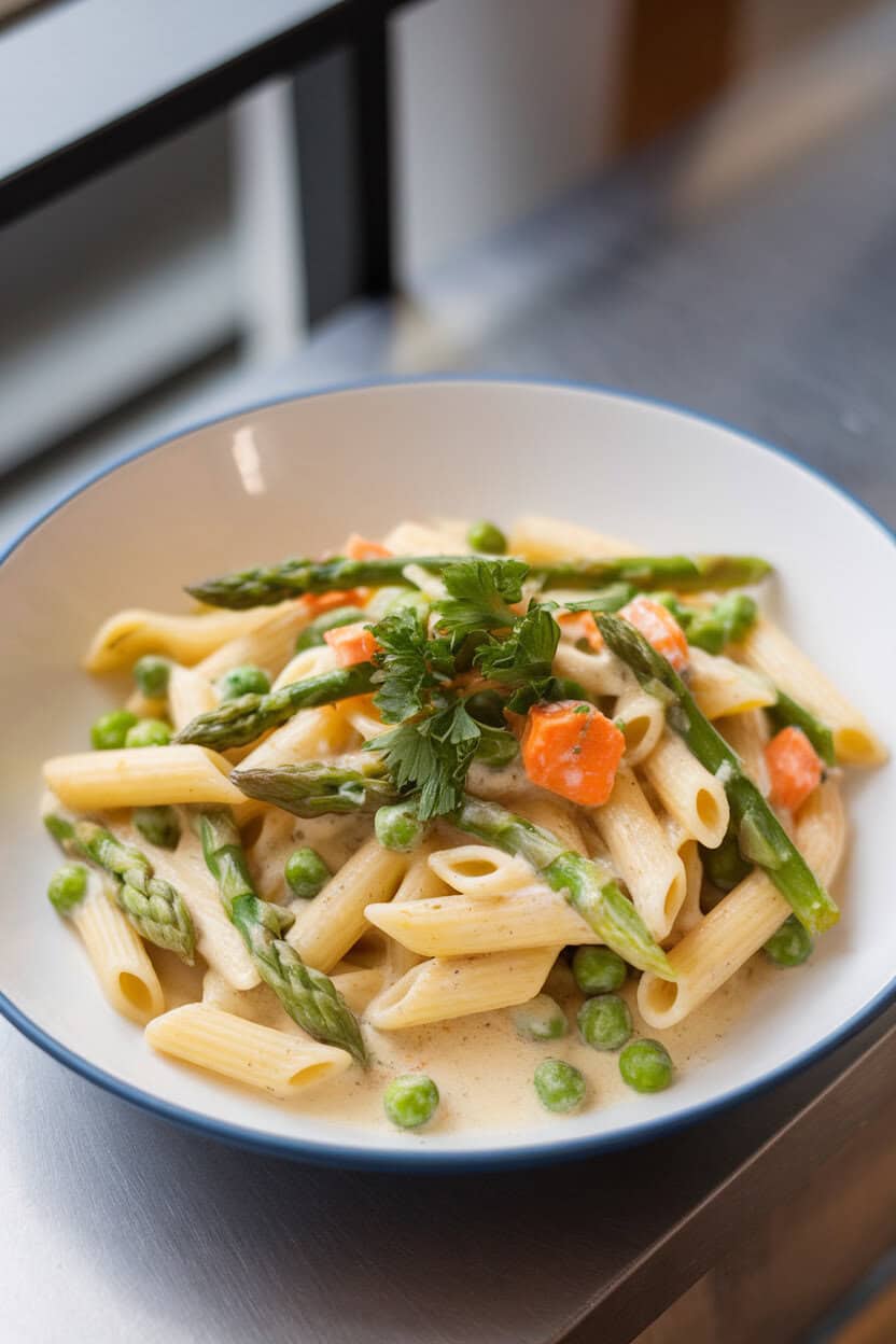 A creamy pasta dish on an indoor table featuring penne mixed with asparagus tips, peas, and carrots in a light lemon sauce. No logos in view.