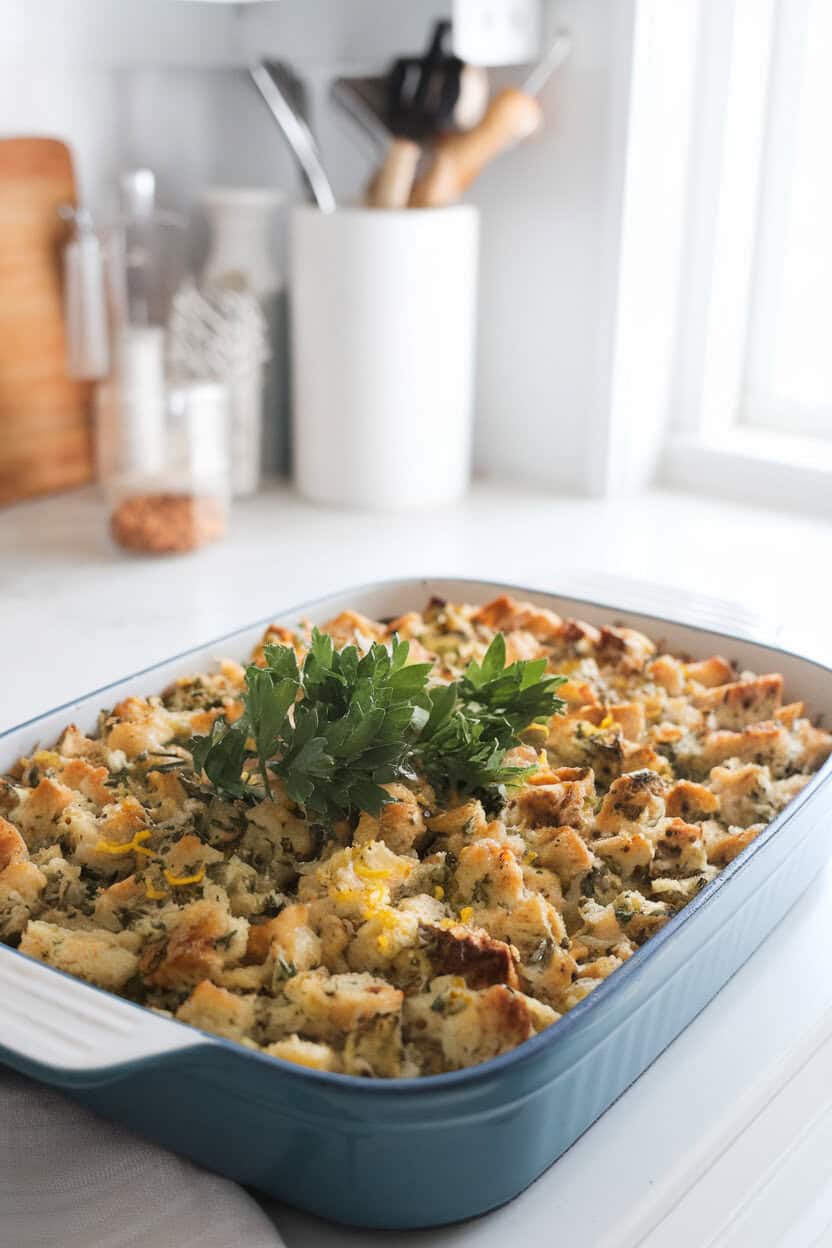 An indoor countertop scene with a baking dish of herb stuffing, lemon zest sprinkled on top, fresh parsley garnish, bright kitchen lighting. No text or logos; photo only.