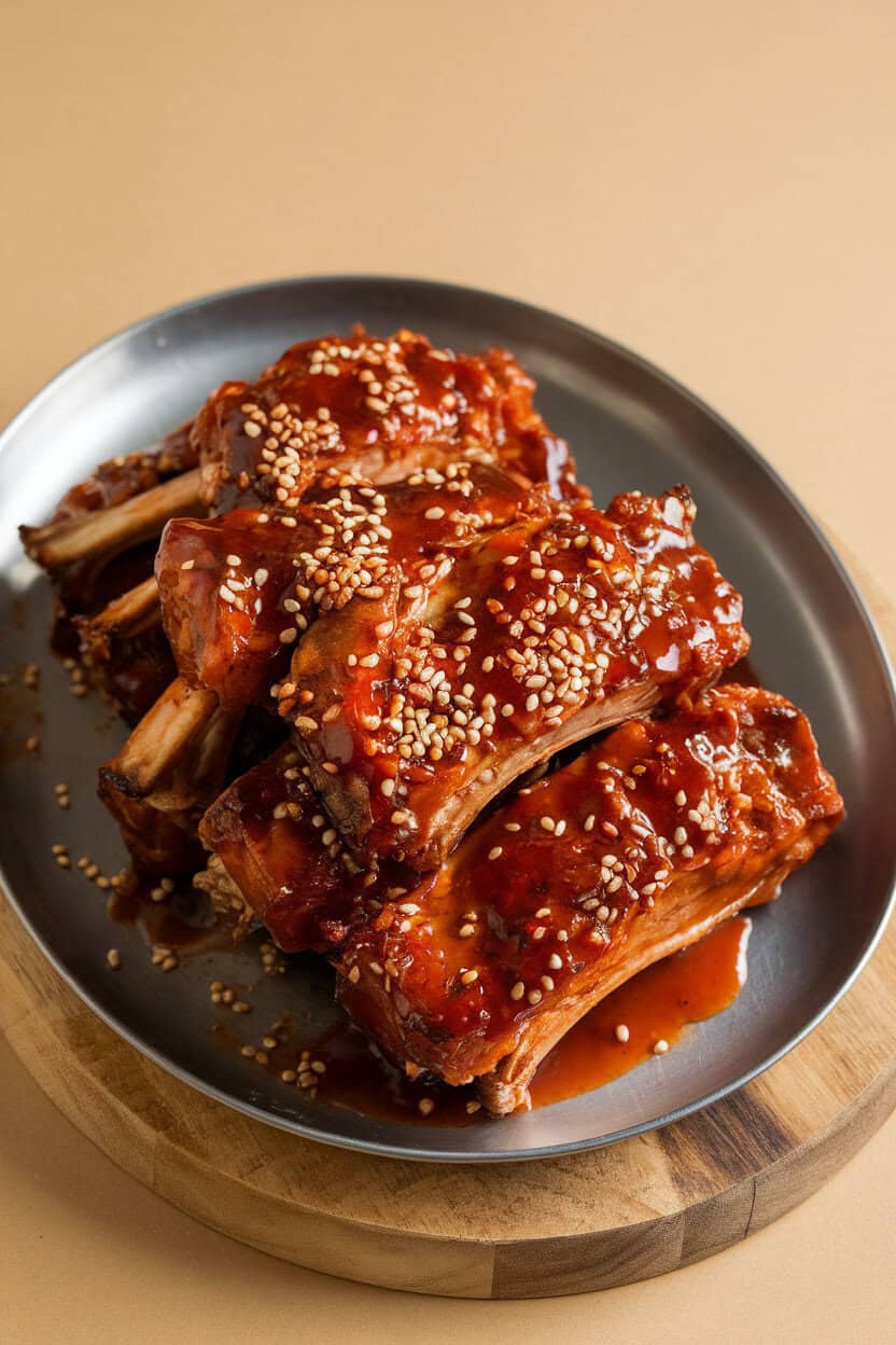 An indoor platter of cooked Korean short ribs glazed with gochujang sauce, sesame seeds sprinkled on top, no logos visible.
