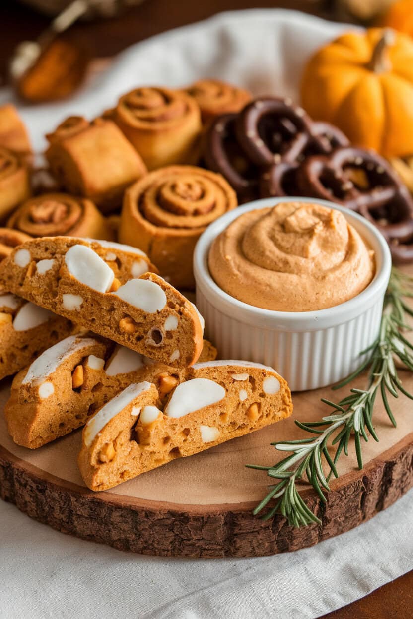 Cozy indoor photo of a wooden board piled with pumpkin-spice biscotti, mini cinnamon rolls, chocolate-covered pretzels, and a ramekin of whipped pumpkin dip. No text or logos.