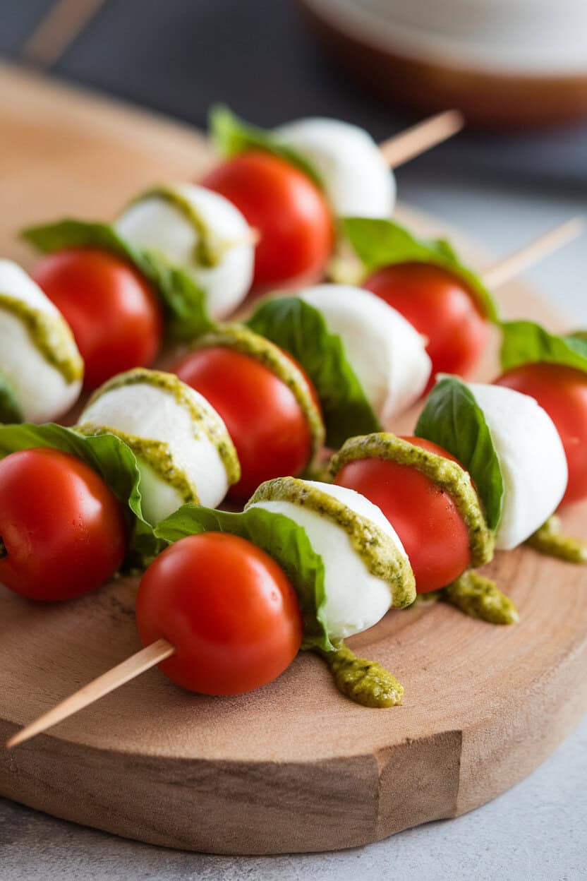 A close-up indoor photo of short bamboo skewers alternating cherry tomatoes, mozzarella pearls, and basil leaves, lightly drizzled with green pesto. No logos or text present.