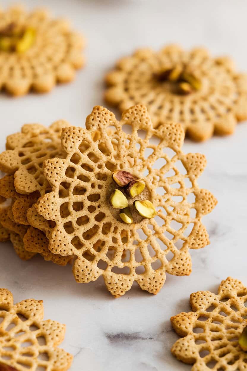 Indoor macro photo of delicate lace cookies with visible pistachio pieces, thin and golden, staged on a white marble surface; no logos.