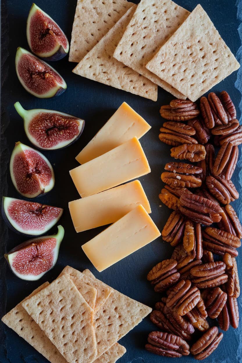 Photo of a dark slate board indoors with smoked Gouda wedges, quartered fresh figs, candied pecans, and thin rye crisps. No text or logos.