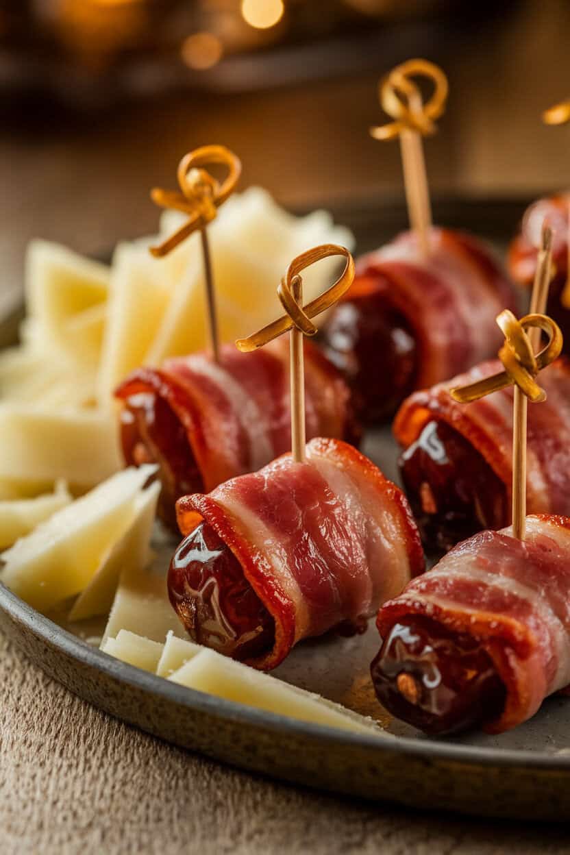 A warmly lit indoor appetizer tray featuring glistening bacon-wrapped dates secured with toothpicks, a few cheese shavings nearby for context. No text or logos. Photo, not illustration.