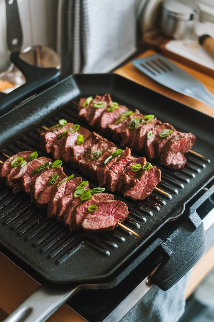 An indoor grill-pan scene with thin beef slices threaded on skewers, glazed and garnished with scallions. No text or logos.