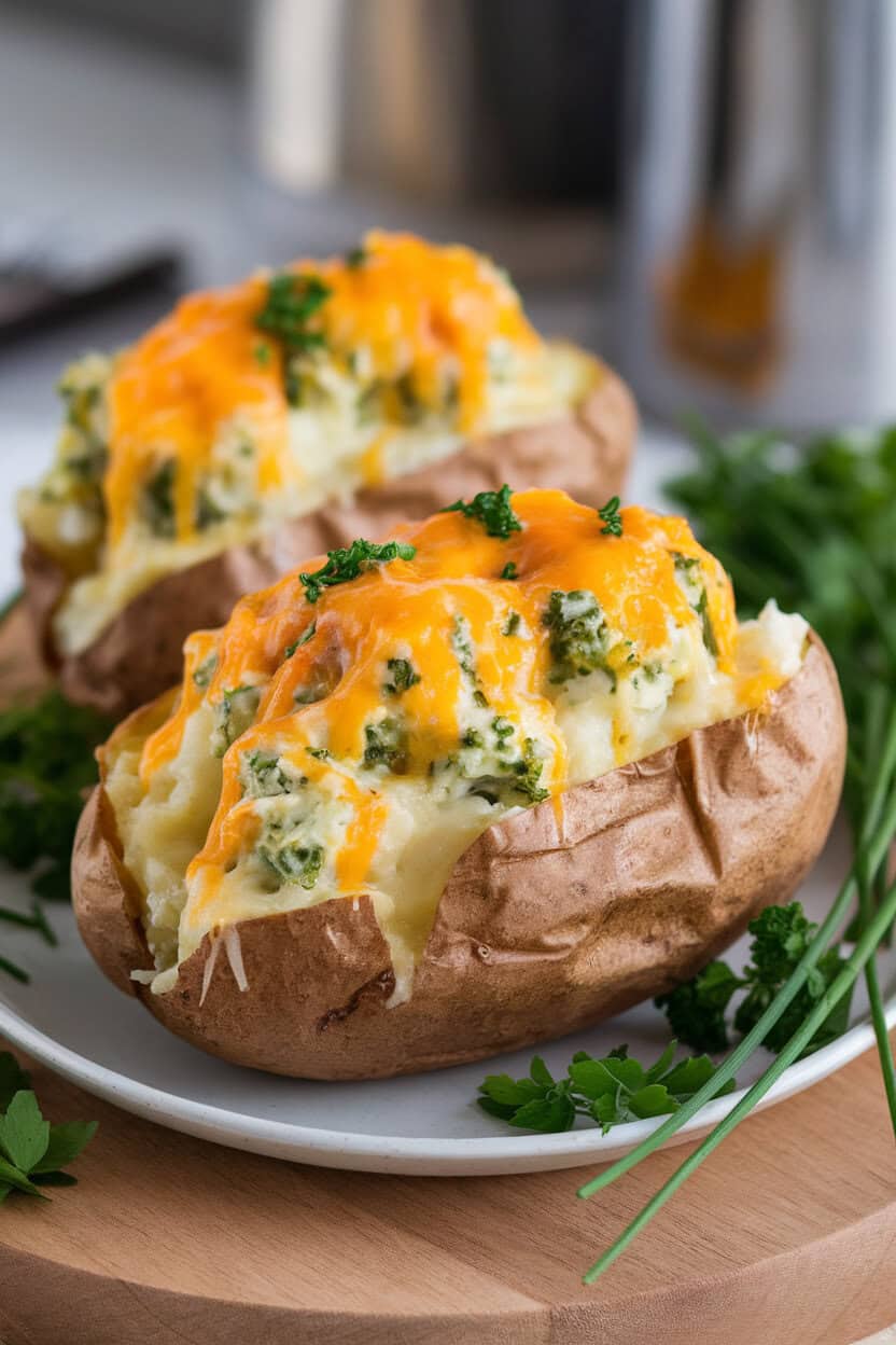 Indoor plate holding two loaded baked potato halves brimming with creamy broccoli cheddar filling, melted cheese cascading down the sides. Photo only, no text or logos.
