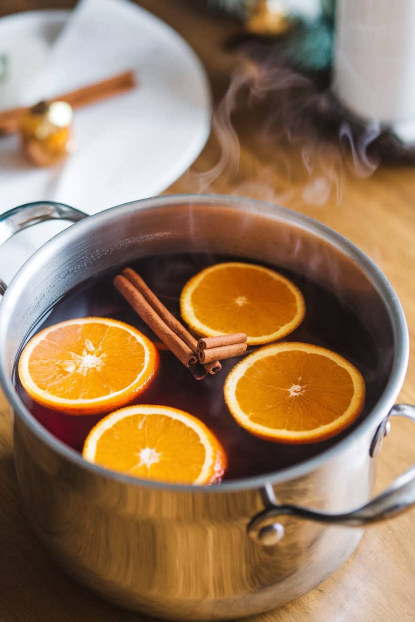 An indoor pot of steaming mulled wine with floating orange slices and cinnamon sticks—no text or logos.