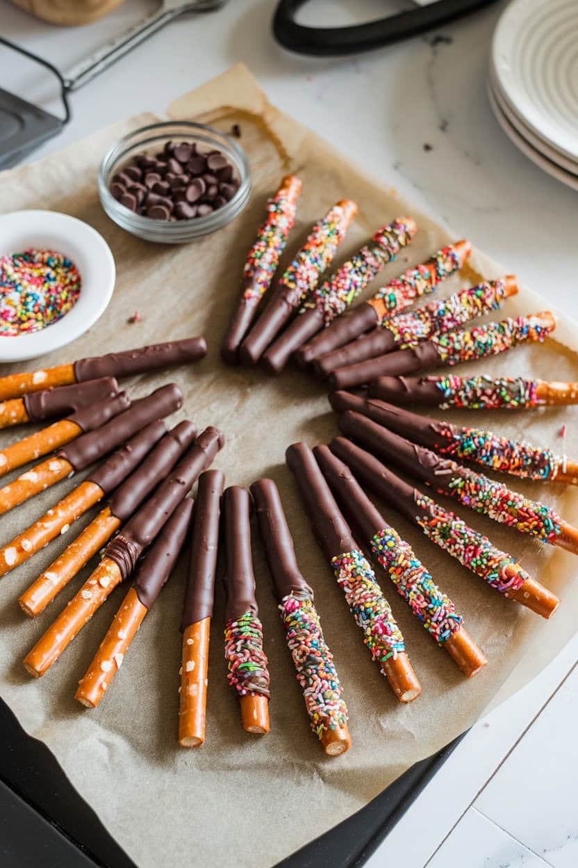 Indoor kitchen countertop with pretzel rods half-dipped in dark chocolate and rolled in colorful sprinkles, cooling on parchment. No text or logos.