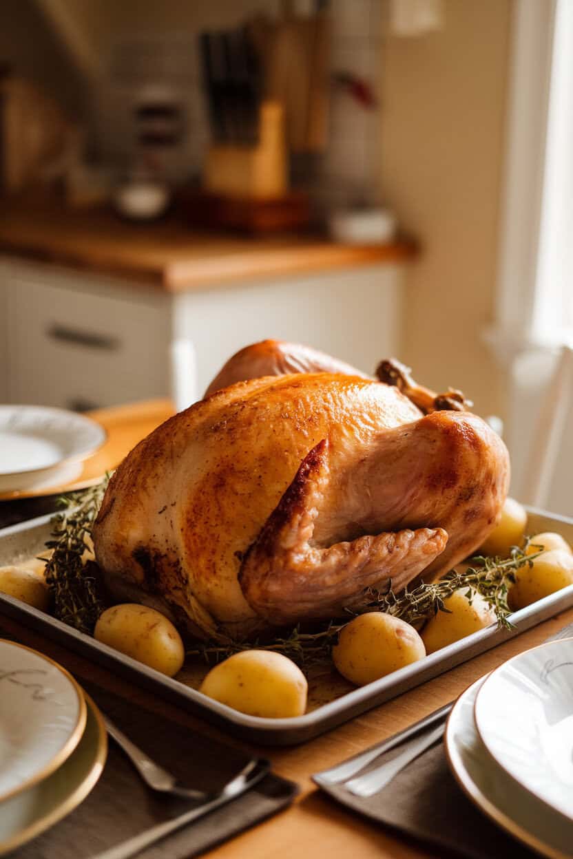 A warmly lit indoor kitchen table featuring a roasted turkey breast resting on a sheet pan surrounded by thyme sprigs and baby potatoes, golden skin glistening. No text or logos anywhere in the scene. Photo, not illustration.