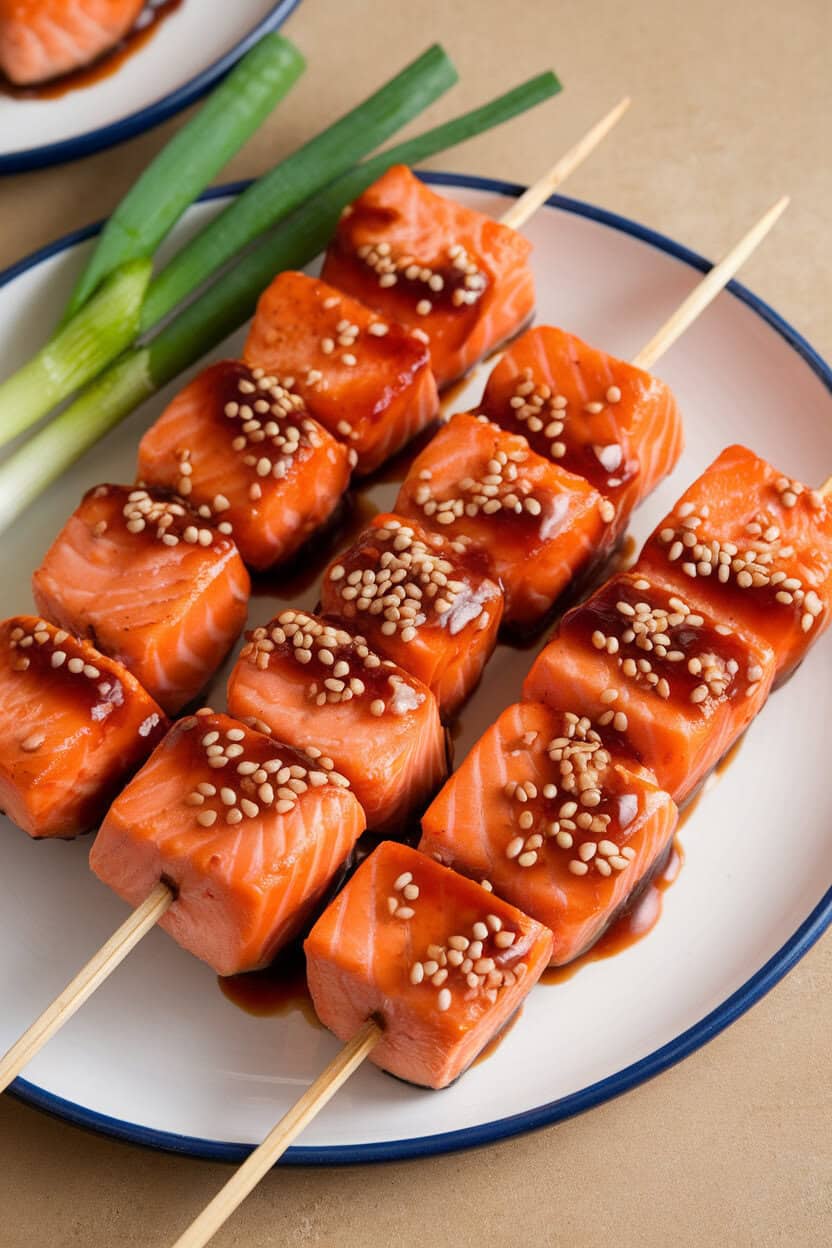 A plate indoors with cooked salmon cubes on wooden skewers, glazed in teriyaki and sprinkled with sesame seeds. No text or logos.