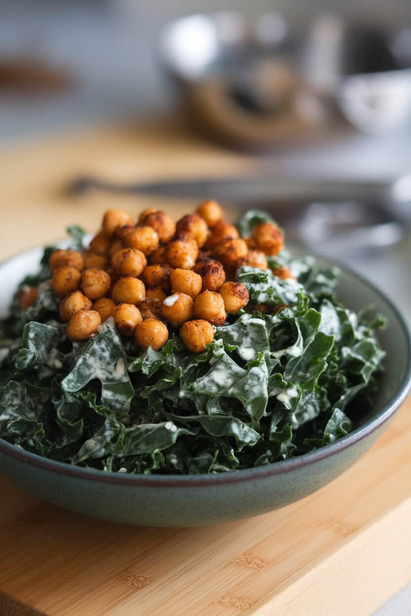 An indoor salad bowl of dark green kale ribbons tossed with Caesar dressing, topped with roasted chickpeas. Soft light; no text or logos. Photo only.