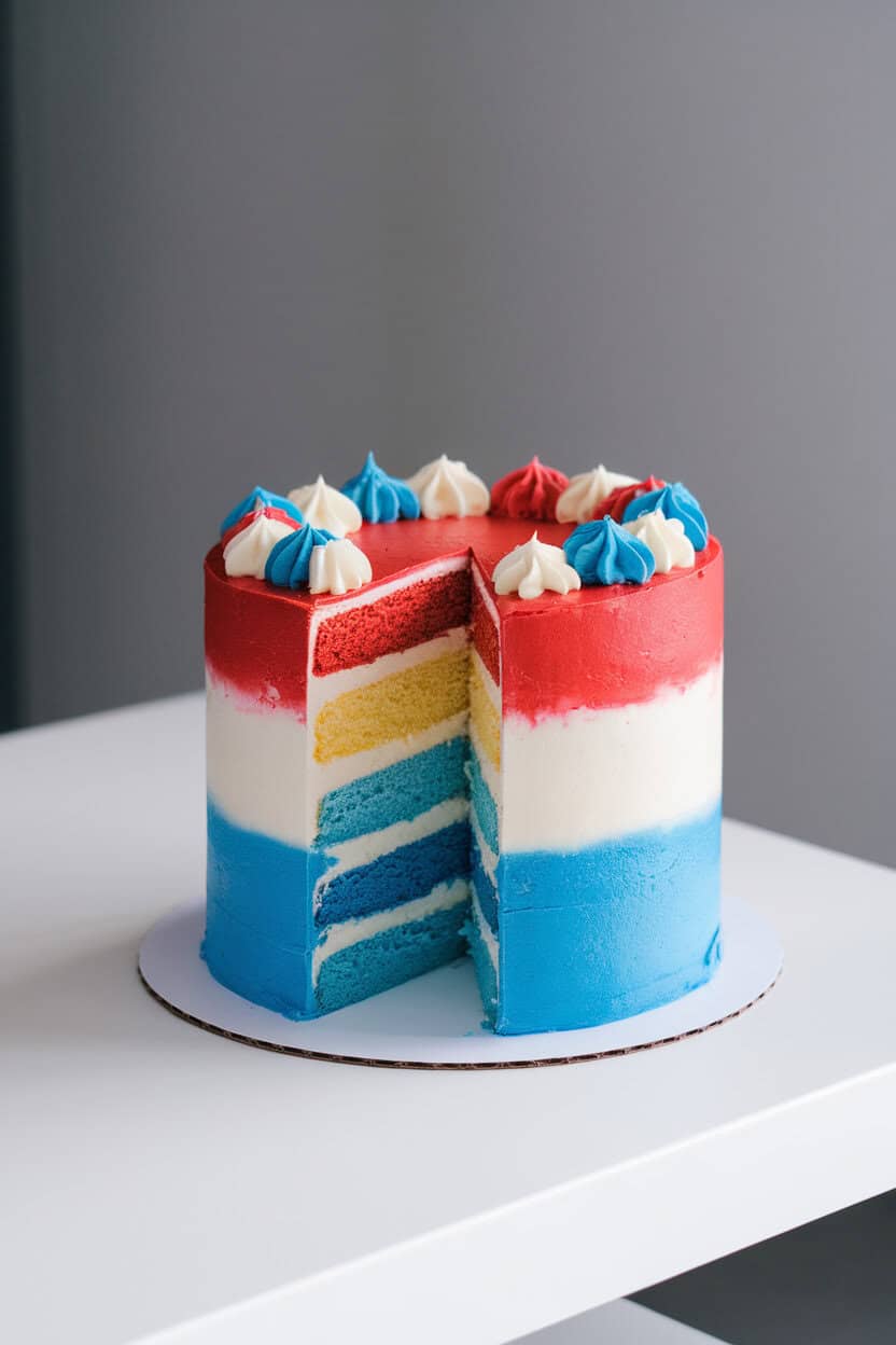 Indoor photo of a tall three-layer cake with red, white, and blue sponge layers revealed by a single wedge removed, buttercream stars piped on top, no text or logos