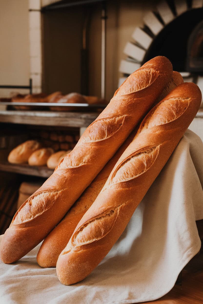 Classic indoor bakery image of three slender baguettes leaning on a linen towel, golden crusts crackled. No logos or text.