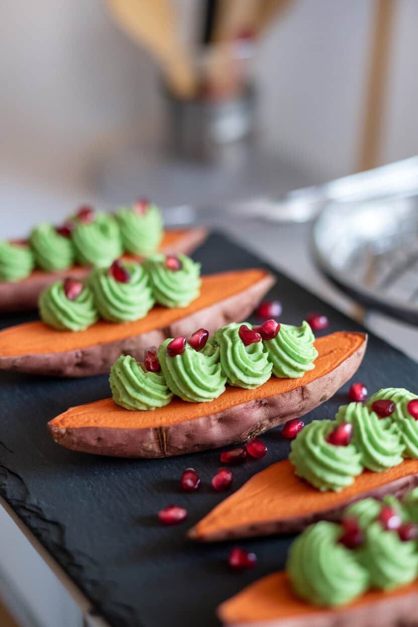 Photo of roasted sweet potato slices indoors topped with piped avocado crema and sprinkled with pomegranate seeds, arranged on a slate board; no text or logos