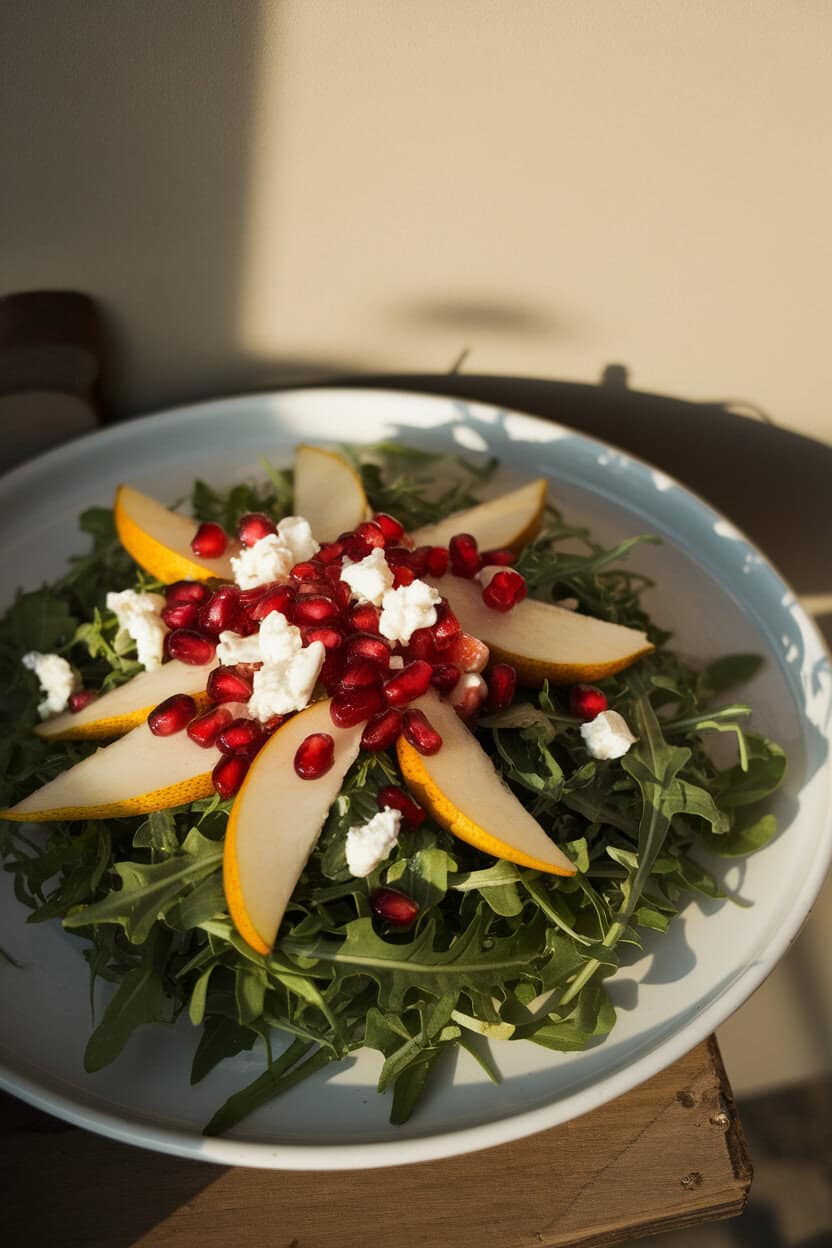 A softly lit indoor setting showcasing a platter of peppery arugula topped with thin pear slices, glossy pomegranate seeds, and crumbled goat cheese. No text or logos; photo, not illustration.