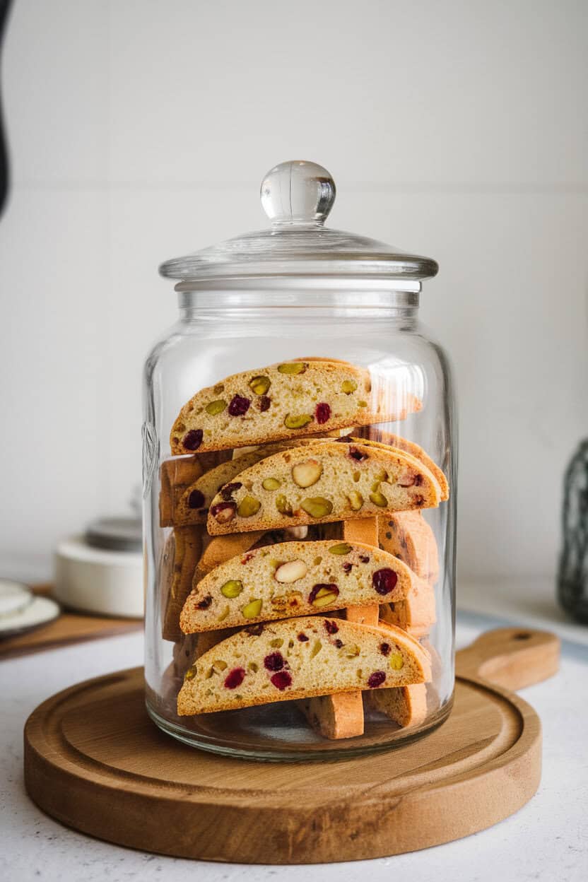 Indoor kitchen counter shot of sliced biscotti studded with green pistachios and red cranberries, propped in a clear glass; no text or logos visible.