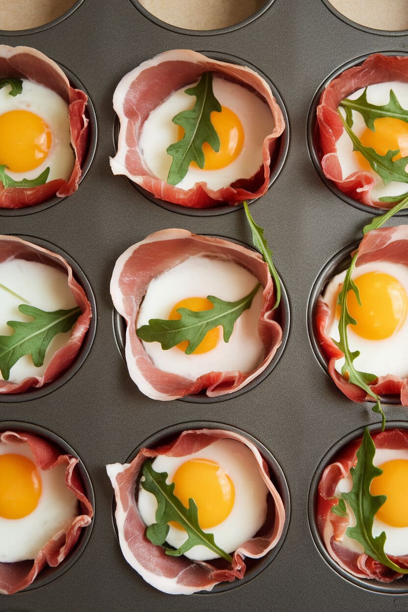 Indoor muffin tin holding baked egg cups lined with prosciutto, eggs set, and fresh arugula leaves peeking out. No text or logos. Photo, not illustration.