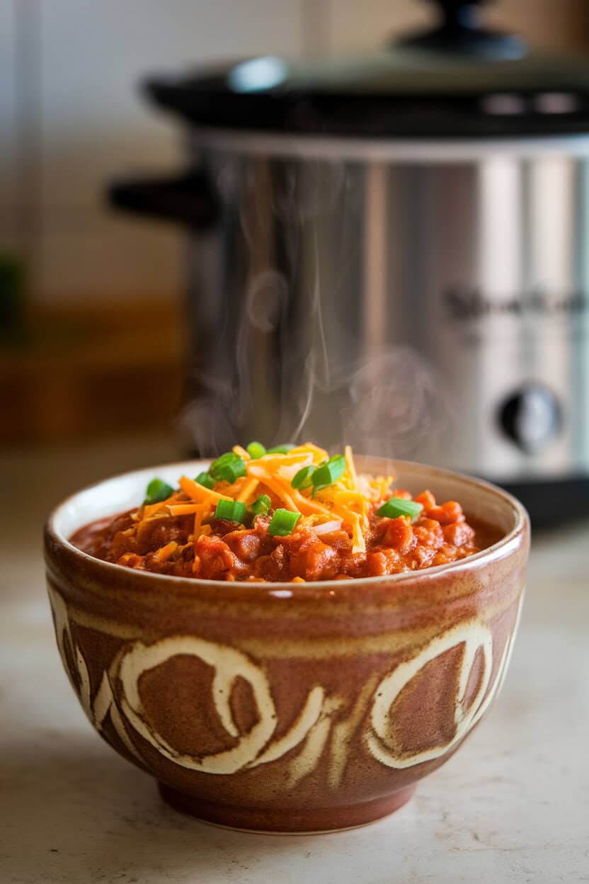 Ceramic bowl of steaming turkey chili topped with grated cheddar and chopped green onions on an indoor kitchen counter, slow cooker in soft focus behind, no text or logos.