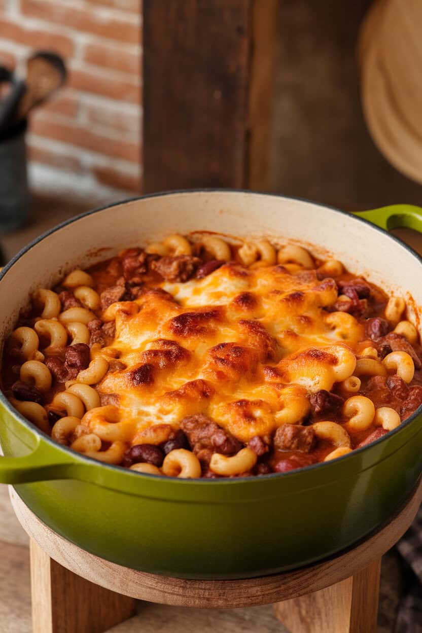 Indoor photo of a Dutch oven filled with elbow macaroni in a beefy chili sauce, cheese melting across the surface. No text or logos visible.
