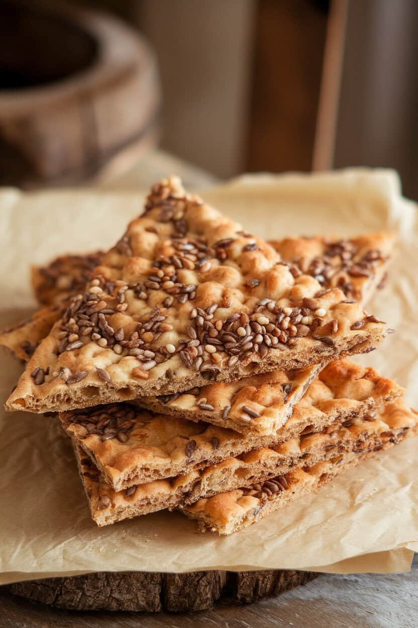 Indoor close-up of rustic seeded flatbread shards stacked casually on parchment, sesame and flax seeds visible. No text or logos.