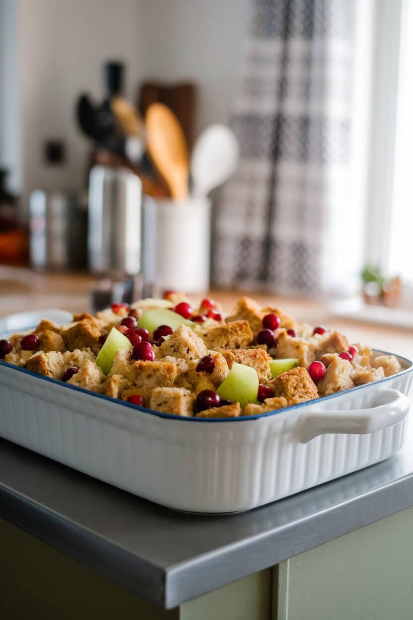 A white casserole dish on an indoor kitchen island filled with stuffing cubes, visible chunks of green apple and ruby cranberries, captured at a 45-degree angle. No text or logos; photo only.