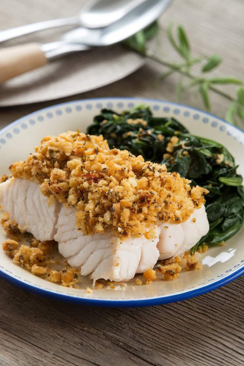 Indoor plate image of flaky baked cod topped with a lemon-garlic breadcrumb mixture, served beside wilted spinach. No text or logos.