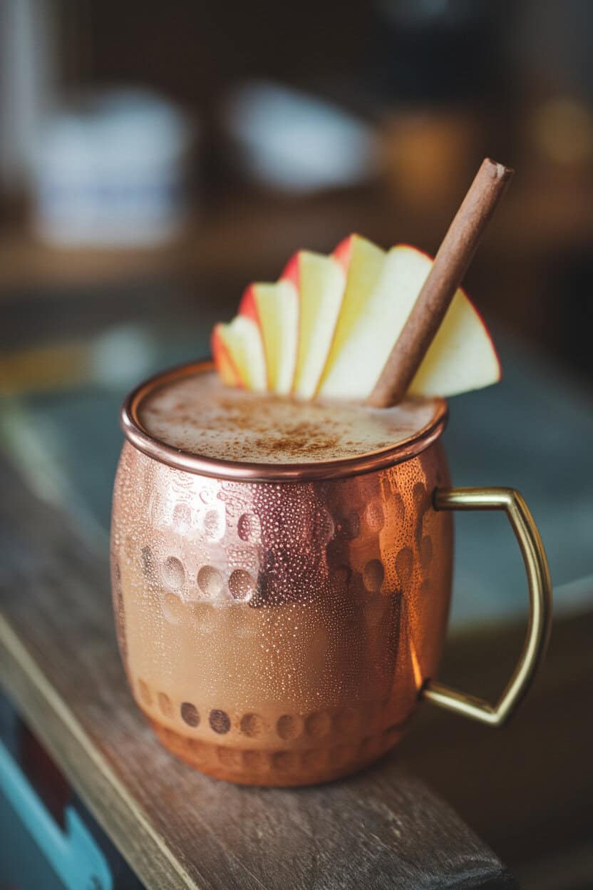 An indoor copper mug beaded with condensation, filled with a caramel-colored drink and apple fan garnish, cinnamon stick straw. No branding visible.