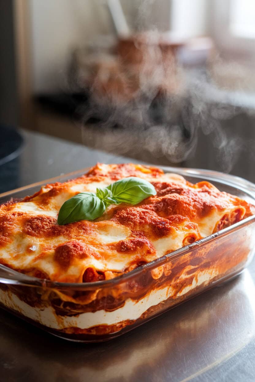 A bubbling casserole dish of lasagna on an indoor countertop, layers of browned mozzarella, ricotta filling peeking through the edges, and a sprinkling of fresh basil. Steam hovers above; no text or logos present. Photo, not illustration.