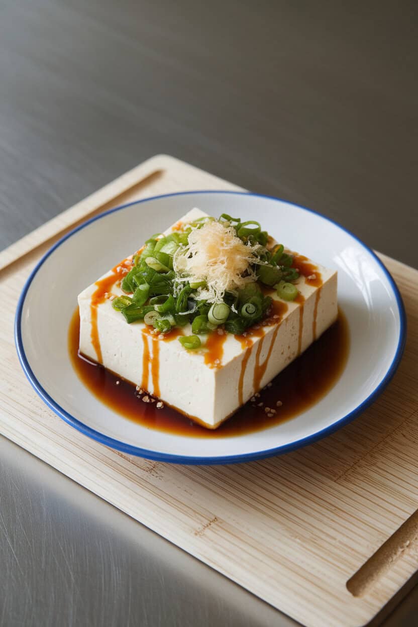 An indoor table showing a block of chilled tofu topped with chopped green onions, grated ginger, and a drizzle of soy sauce. No text or logos visible. Photo, not illustration.
