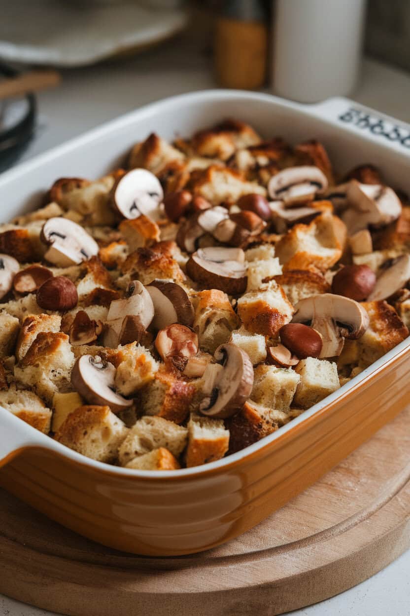 Photo of an indoor casserole dish filled with rustic stuffing showing sliced mushrooms and halved chestnuts among bread cubes, no text or logos.