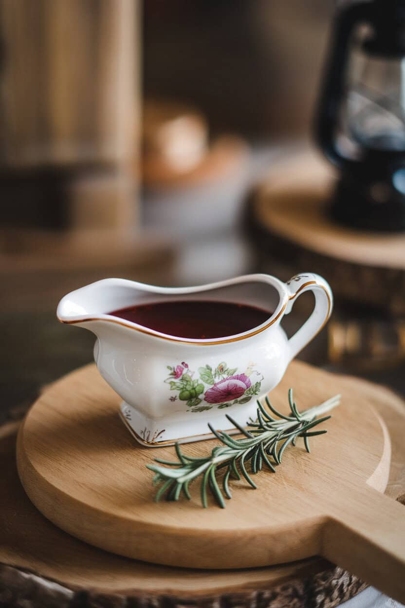 Photo of a small porcelain gravy boat indoors filled with glossy red wine gravy, light gleaming off the surface, no text or logos in scene.