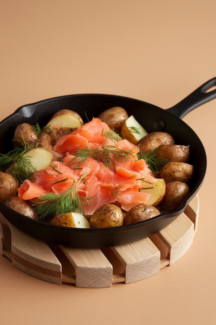 An indoor breakfast skillet filled with browned potatoes, flaked smoked salmon, and fresh dill on a wooden trivet—photo, no text or logos