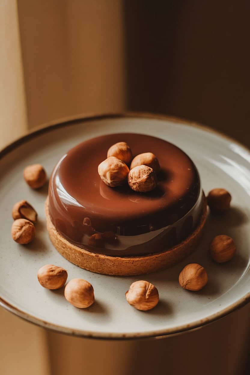 A slice of glossy chocolate hazelnut tart on a dessert plate with scattered roasted hazelnuts, indoor warm light, no logos.