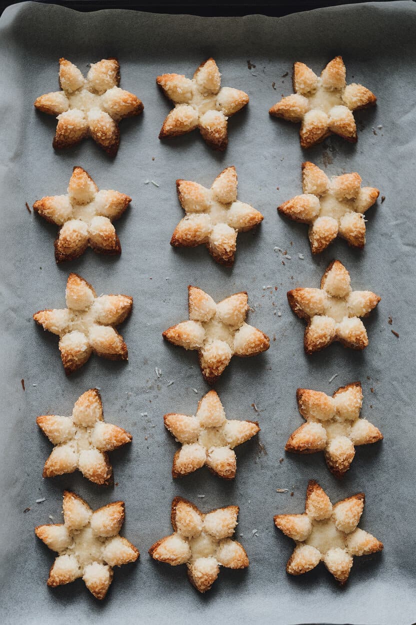 Indoor baking sheet lined with parchment holding star-shaped coconut macaroons, edges lightly toasted, no text or logos, photo style