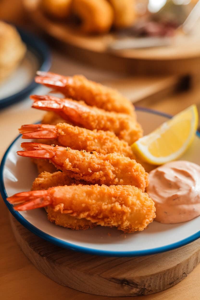 An indoor plate with breaded, deep-fried shrimp lined up neatly, a wedge of lemon and dollop of tartar sauce on the side. No text or logos present. Photo, not illustration.