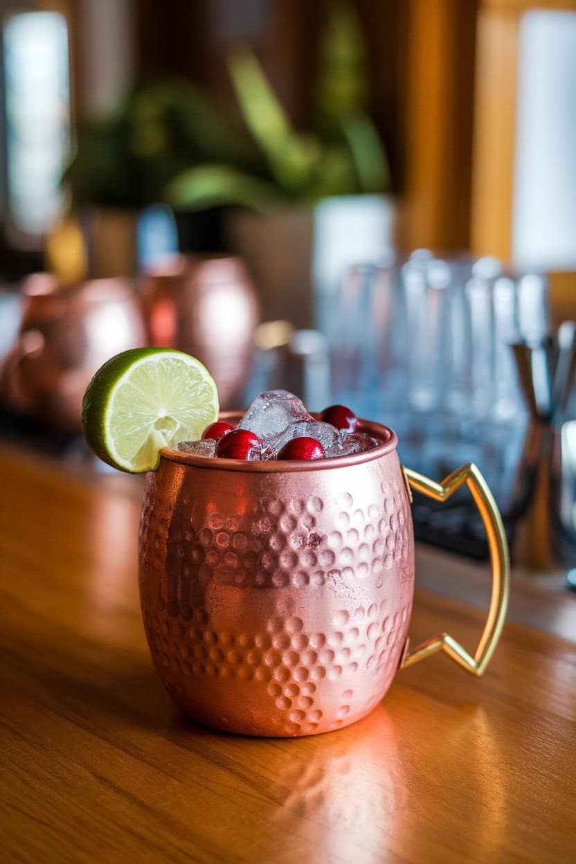 Photo of a copper mug on an indoor bar, filled with icy cranberry-tinted mule, lime wedge perched on top, fresh cranberries floating amid crushed ice. No text or logos.