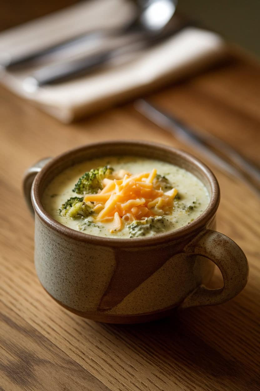 A ceramic soup bowl on an indoor table filled with creamy broccoli cheddar soup, topped with extra cheese shreds. No text or logos. Photo, not an illustration.