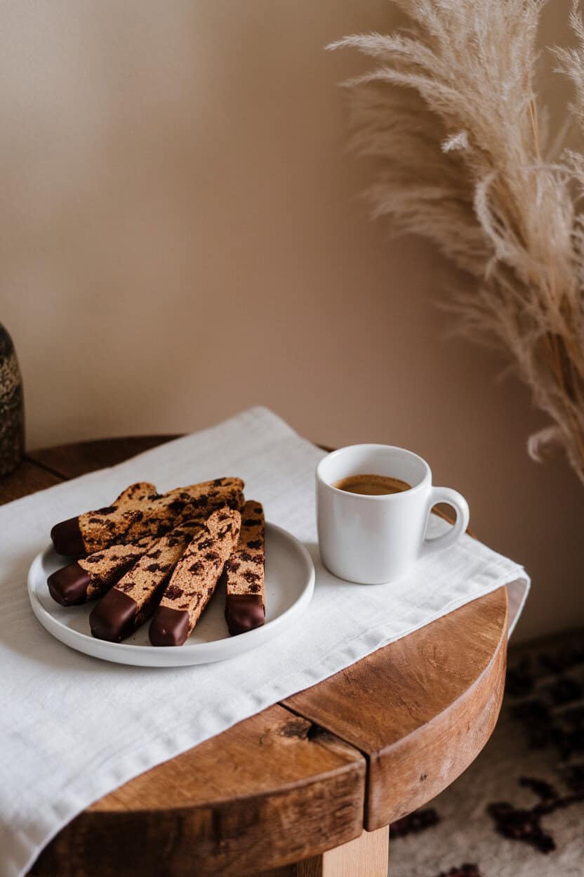 Photo prompt: An indoor coffee table with a mug of espresso and a plate of chocolate cranberry biscotti, ends dipped in dark chocolate. No text or logos.