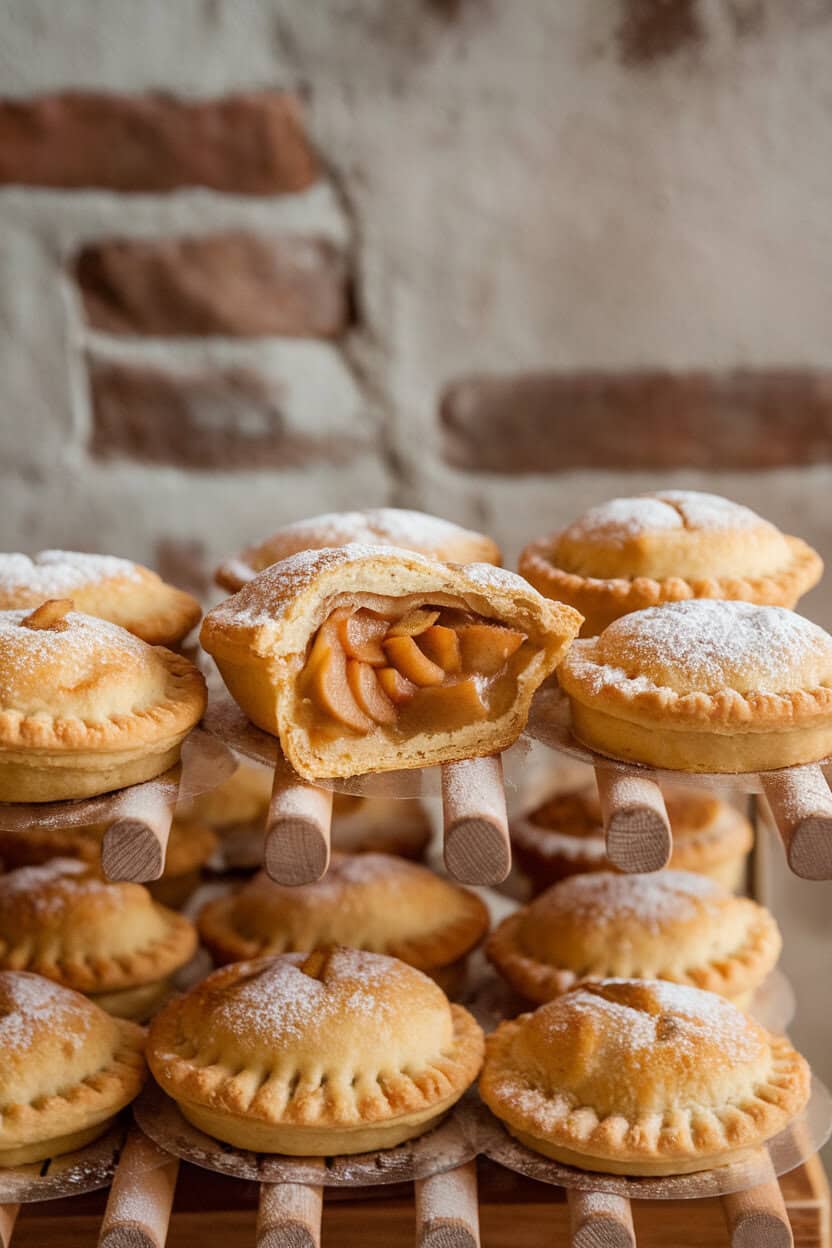 An indoor bakery rack with small golden hand pies, one broken open to show spiced pear filling, powdered sugar lightly dusted on top. No text or logos. Photo only.