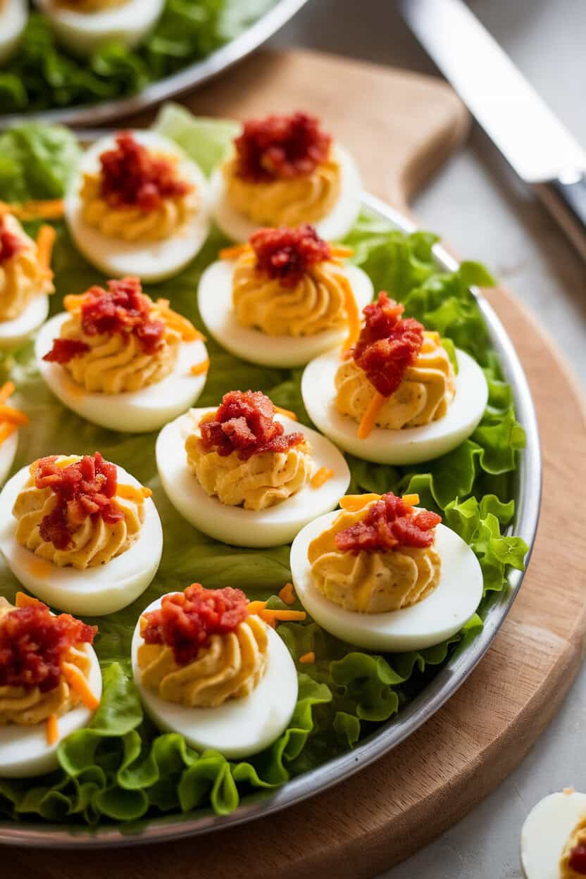 An indoor serving tray holding halved deviled eggs topped with crispy bacon crumbles and shredded cheddar, soft overhead lighting, no text or logos, photo style