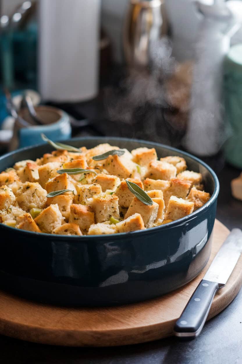 An indoor kitchen counter showing a deep baking dish of golden cube-shaped bread stuffing flecked with green sage and bits of celery, steam rising gently. No text or logos present. Photo.</Prompt