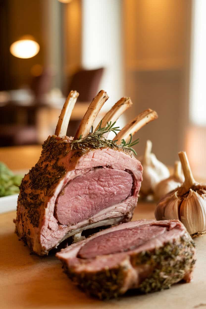 A warmly lit indoor dining table displaying sliced herb-crusted rack of lamb, pink centers, crust flecked with rosemary and thyme, accompanied by roasted garlic heads. No text or logos; photo, not illustration.