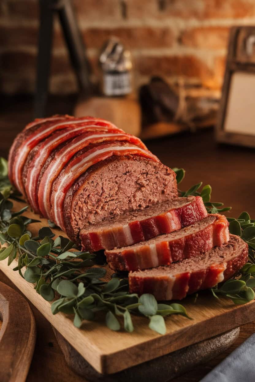 Indoor photo of sliced meatloaf wrapped in crisp bacon strips, served on a wooden board. No text or logos. Photo, not illustration.