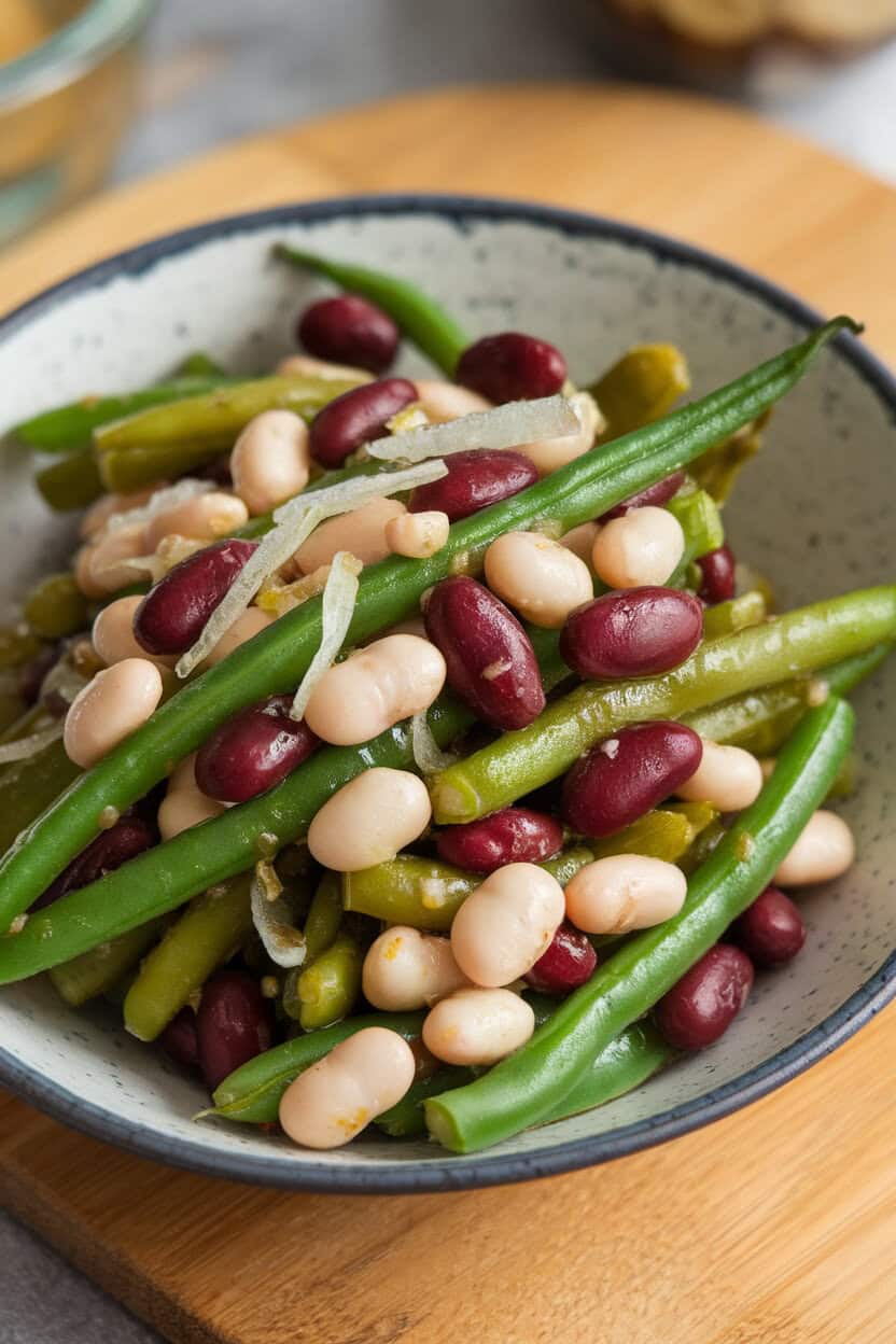An indoor bowl holding green beans, wax beans, and kidney beans shimmering with vinaigrette, thin shallot slices visible. No text or logos present. Photo.</Prompt
