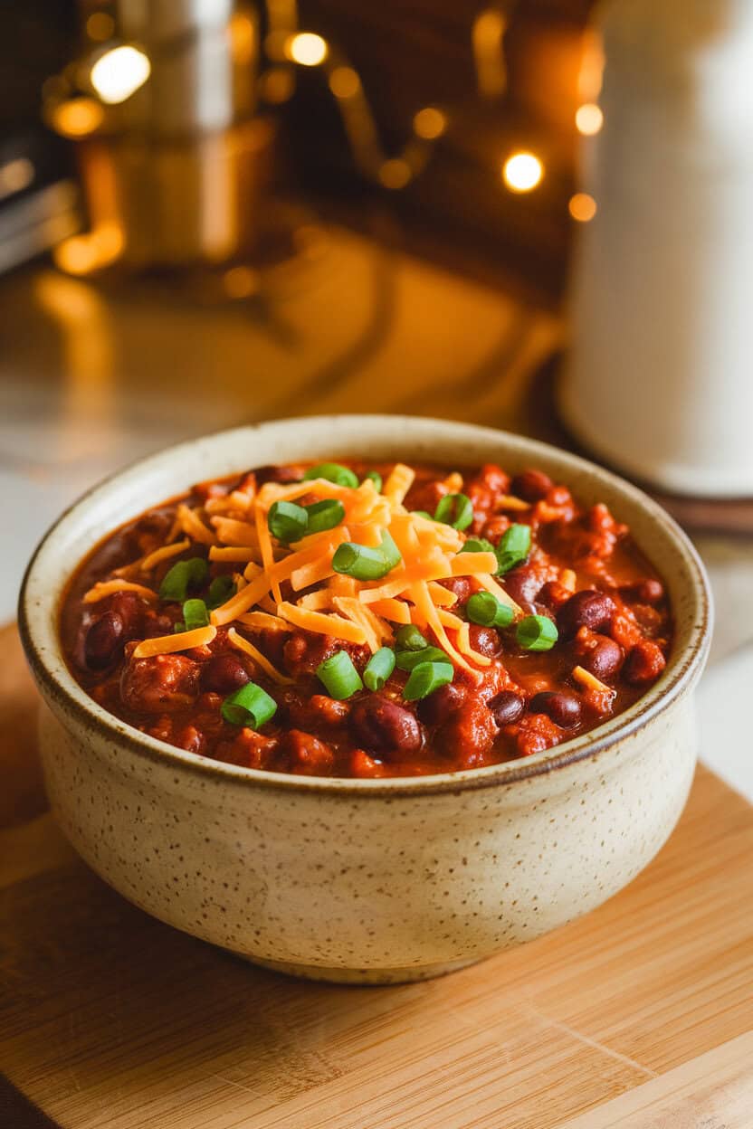 Indoor photo of a ceramic bowl filled with chunky beef and kidney bean chili, garnished with shredded cheddar and chopped green onions; warm kitchen lighting; no text or logos in frame