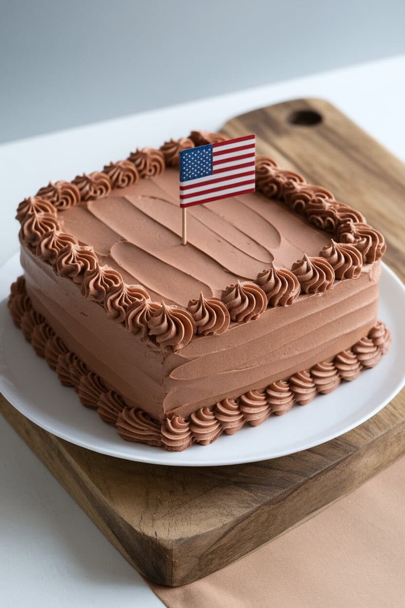 Indoor photo of a chocolate sheet cake with smooth buttercream, piped rosettes along border, small American flag pick in center, no text or logos