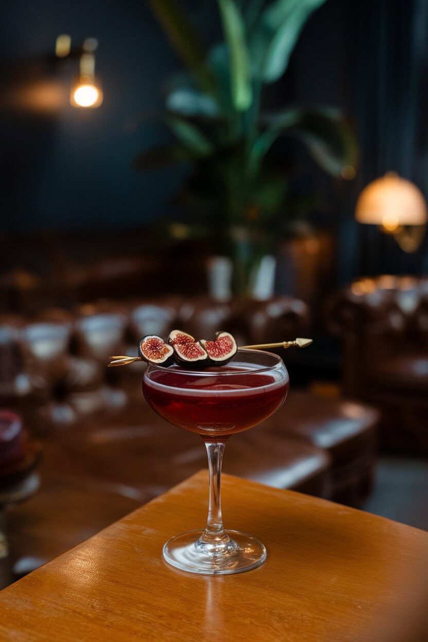 A moody indoor cocktail lounge scene with a coupe glass of deep-garnet Fig Manhattan, skewered dried fig resting on rim; no text or logos; photo