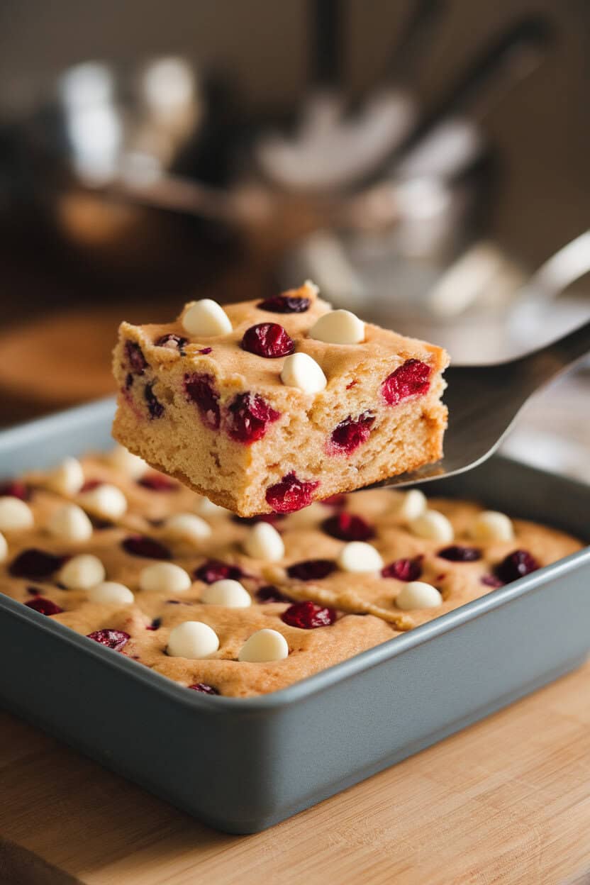 A square dish of blondies studded with cranberries and white chocolate chunks, a single piece lifted with a spatula under indoor lighting. No text or logos. Photo, not illustration.